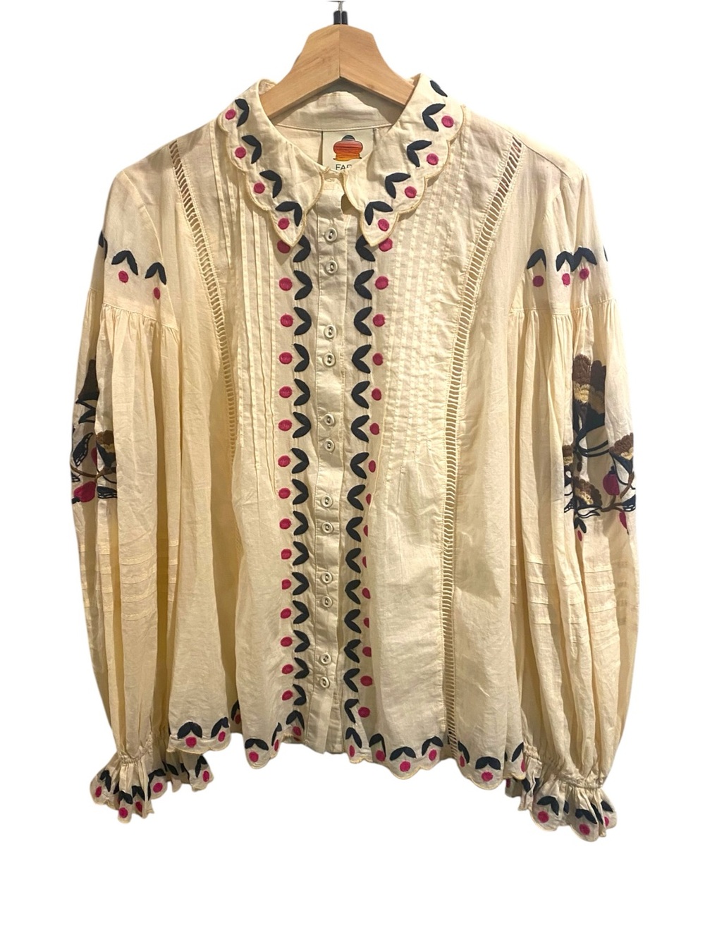 Farm Rio Palms Paradise Sand Embroidered Cotton Long Sleeve Button Up Shirt Top - Picture 2 of 7